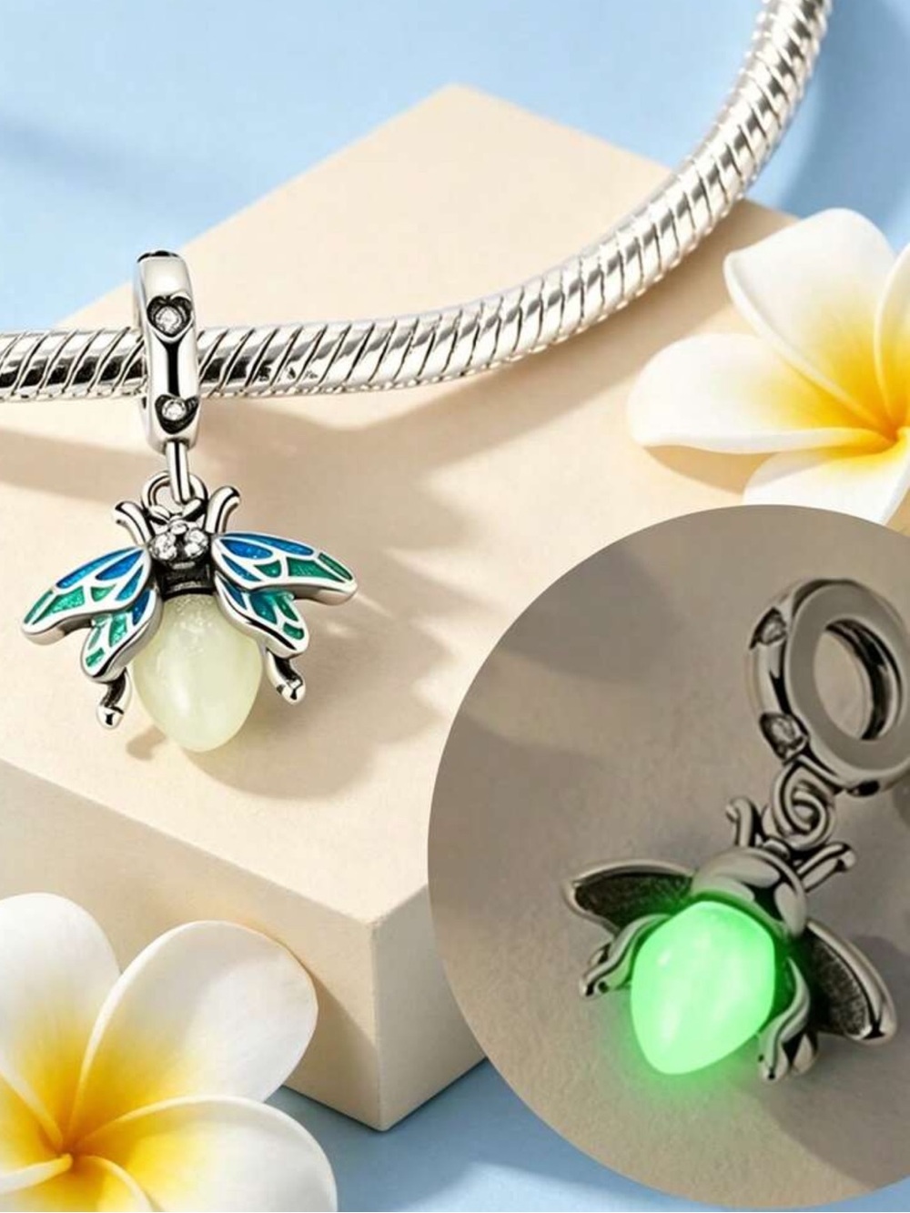 Pandora Silver Bee Charm Dangle with Blue & Green Enamel Wings